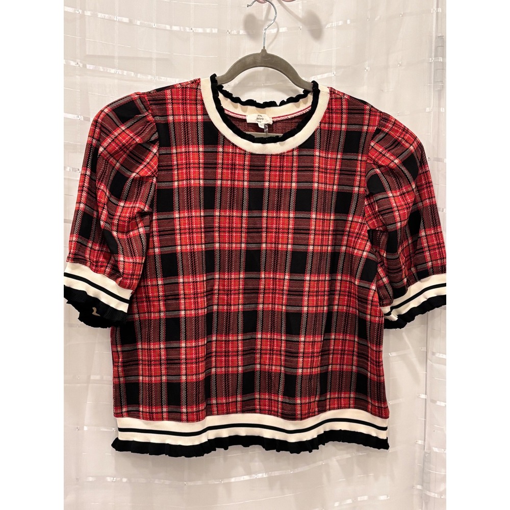Entro Red Plaid Puff Sleeve Ruffle Trim Knit Top 1X T25140P